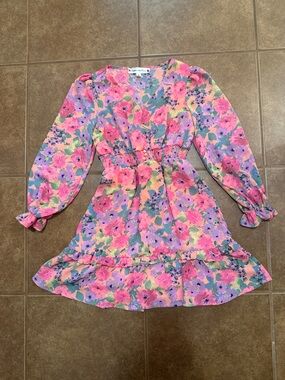 Girls Floral Ruffle Waist Dress in Pink and Purple